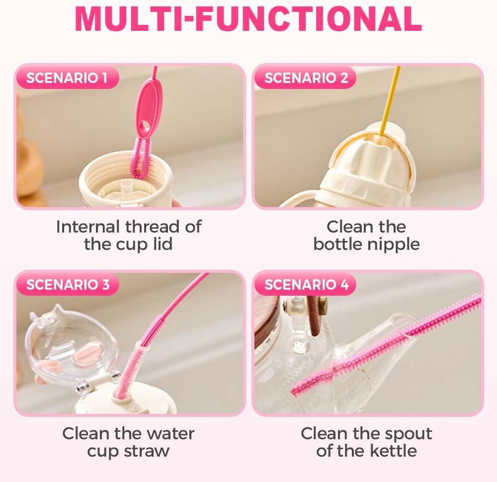 Extra Long Straw Cleaner Brush, Reusable Soft Silicone Cleaning Brush for Tumbler Lid Crevices, Glass Metal Smoothie Straws with Non Slip Handle (Pink + Yellow)