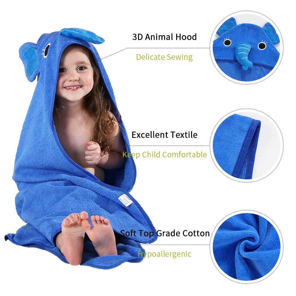 MICHLEY Animal Face Hooded Baby Towel Cotton Bathrobe for Boys Girls 0-6 Year Blue