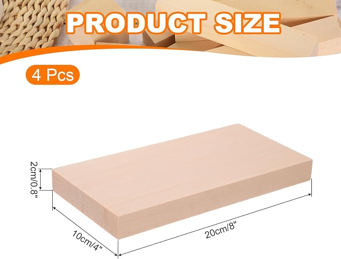 MECCANIXITY 4Pcs Basswood Carving Block, 0.8"x4"x8" Square Wooden Dowels Blocks