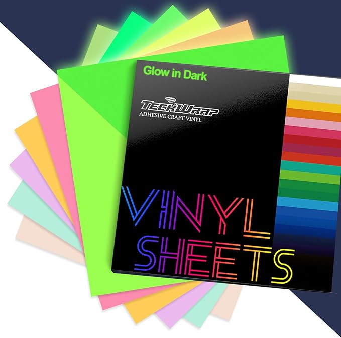 TECKWRAP Glow in Dark Matte Neon Adhesive Craft Vinyl Precut Sheets 12" x 12" 6
