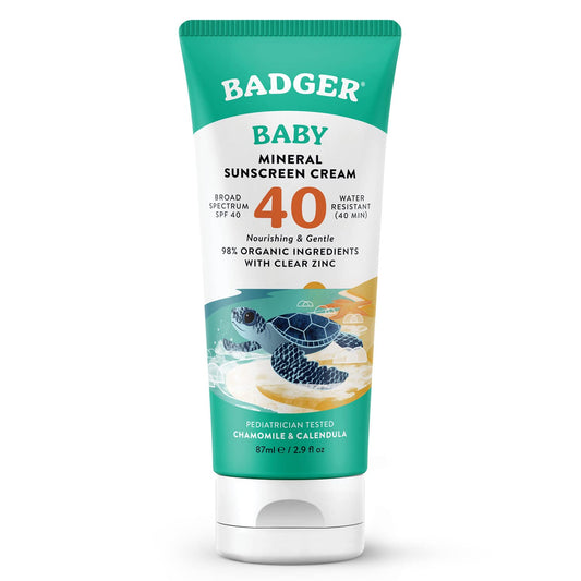 Badger Mineral Baby Sunscreen Cream SPF 40, 98% Organic Toddler Sunscreen with Zinc Oxide, Broad Spectrum, Reef Safe, Water Resistant, Pediatrician Tested Baby Sunblock for Sensitive Skin, 2.9 fl oz