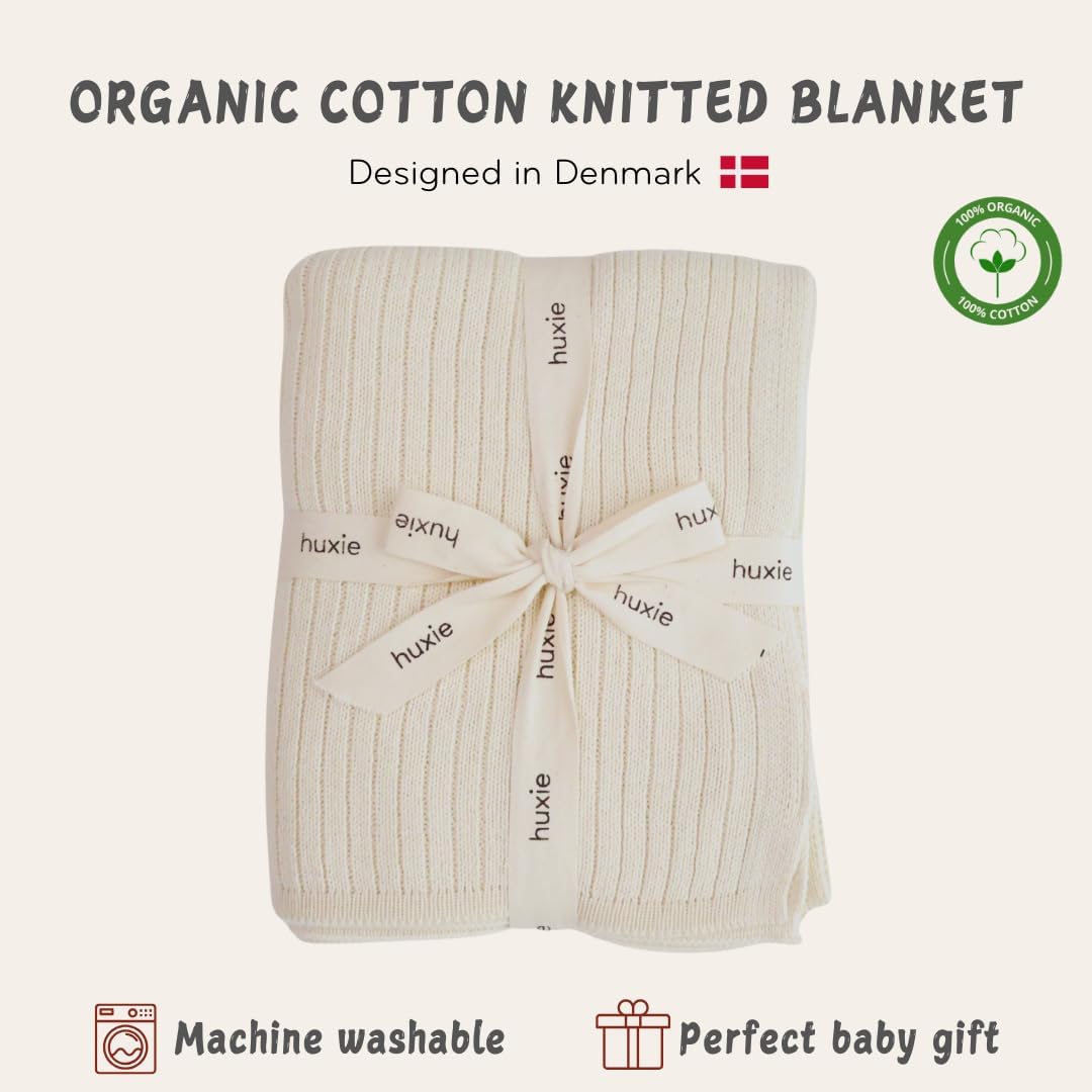 Knitted Organic Cotton Baby Blanket- Swaddle Blanket, 30" x 40" Soft Receiving Blanket for Newborn (Soft White)