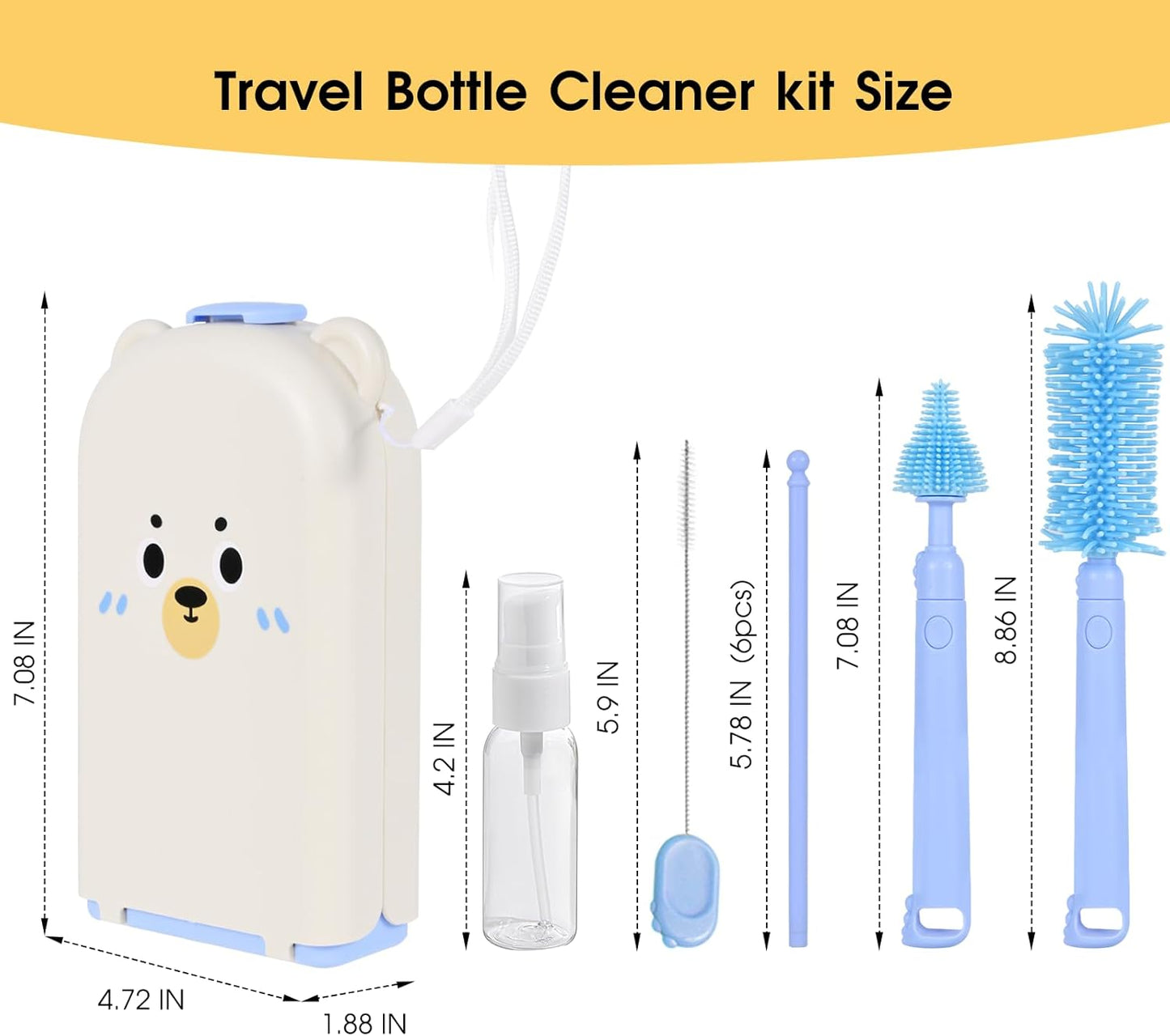 Portable Baby Bottle Brush Set, 7-in-1 Travel Baby Bottle Cleaning Kit, Portable Bottle Washing Kit with Silicone Bottle Brush, Nipple Brush, Straw Brush, Drying Rack for Home and Travel (Blue)