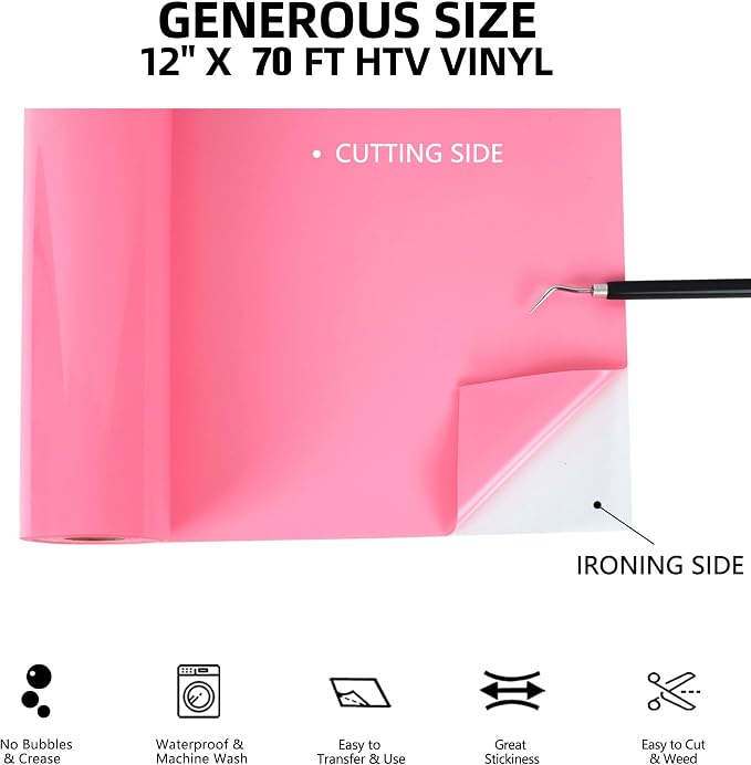 FUNKAKA Pink HTV Heat Transfer Vinyl Rolls, Adhesive HTV Vinyl