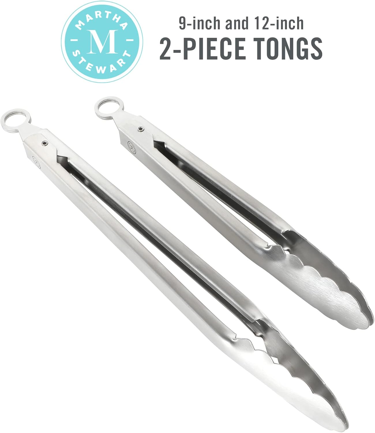 Martha Stewart Richburn 2-Piece Stainless Steel Tongs Set – 12-Inch and 9-Inch Kitchen Tongs for Grilling, Serving, and Cooking