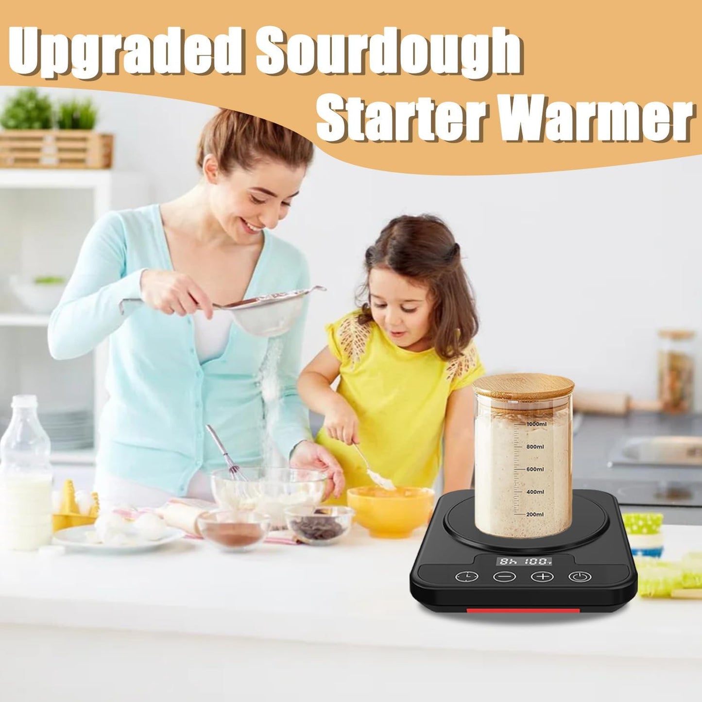 Sourdough Starter Warmer Mat, 12H Timer Warming Heating Pad, Precise 1°F Thermostat Control (70-100°F), Smart Memory Warming On/Off, Fits Jars Up to 40oz, Perfect for Home Baking (Black)