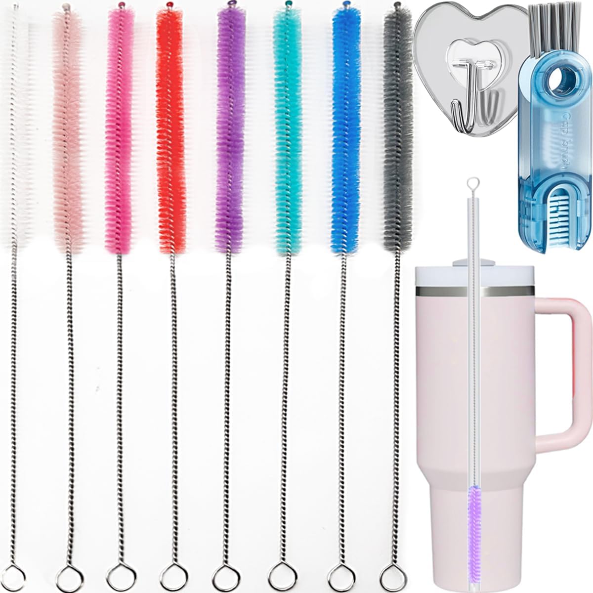 Straw cleaner brush straw brush for 40 oz stanley straw cleaner brush extra long 12 inch, Nylon Stainless steel small cleaning brush(8 colorful brush set)