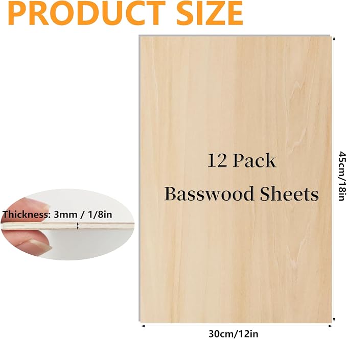 12 Pack Basswood Sheets for Crafts 12 x 18 x 1/8 in, 3mm Thick Unfinished