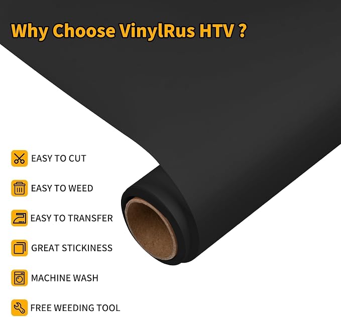 VinylRus Heat Transfer Vinyl-12” x 6ft Black Iron on Vinyl Roll