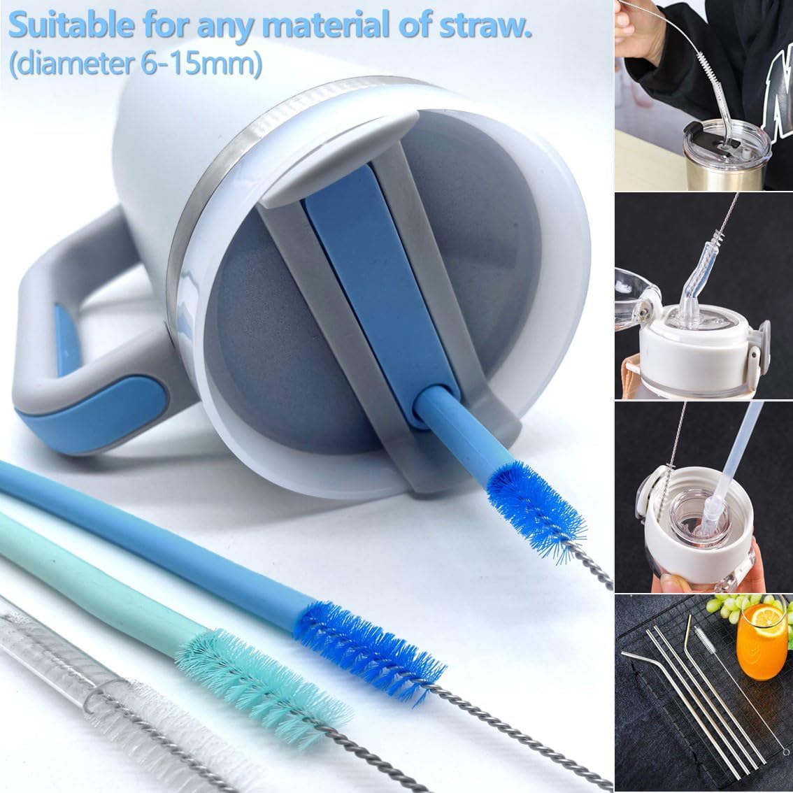 Straw Cleaner Brush Straw Brush for 40 oz Stanley Straw Cleaner Brush Extra Long 12 inch, Nylon Stainless Steel Small Cleaning Brush—Blue&Cyan Series
