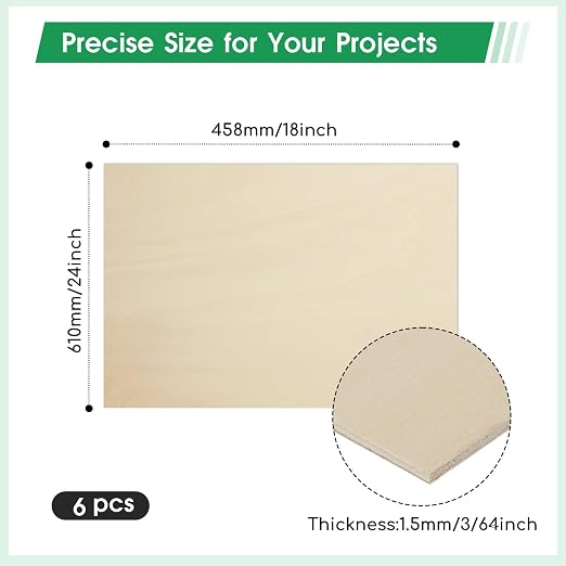 6 Pack Basswood Sheets 18"×24"×3/64" Unfinished Plywood Sheet | Smooth Thin