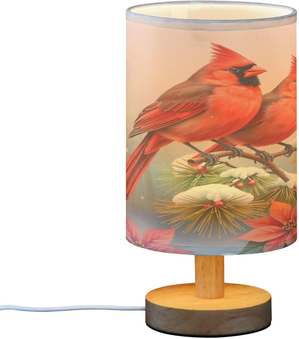 Christmas Flowers Winter Cardinals Table Lamp Bedroom Bedside Night Reading Desk Lamps Cylinder Nightstand Sleeping Light Lamp for Xmas Party Living Room Office Decor