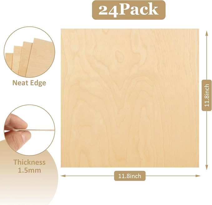 24 Pack 12 x 12 x 1/16 Inch Baltic Birch Plywood 1.5mm Wood Sheet, Baltic Birch