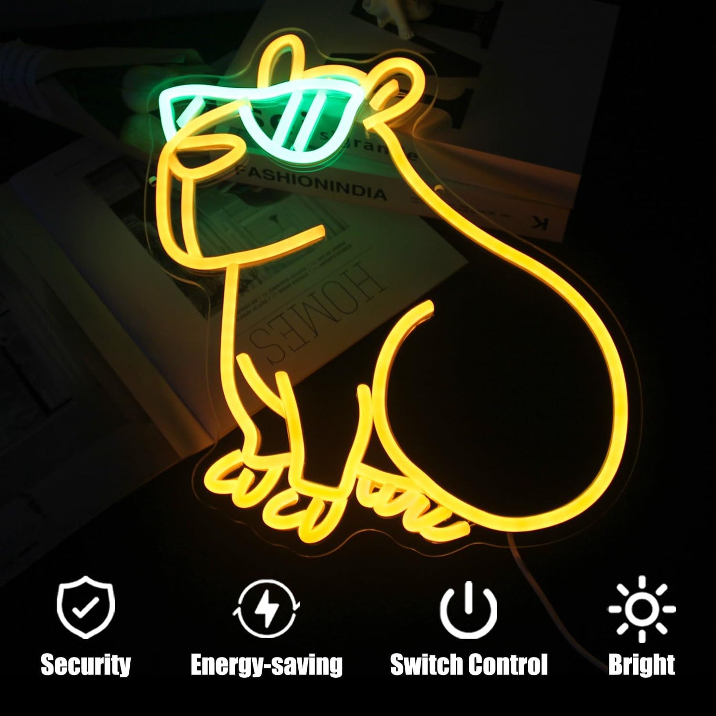 Cool Capybara Neon Sign Cute Animal with Glasses Yellow Green LED Signs for Wall Cartoon Neon Lights for Bedroom Capybara Neon Night Light for Children's Room Party Decor Birthday Gifts