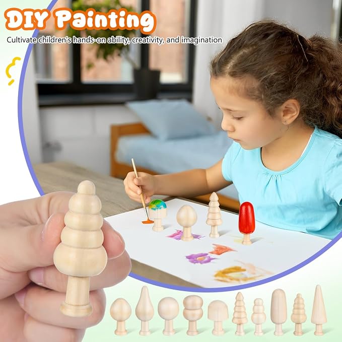 TEHAUX 20pcs Unfinished Mini Wooden Trees 5 Shapes DIY Paintable Wood Craft