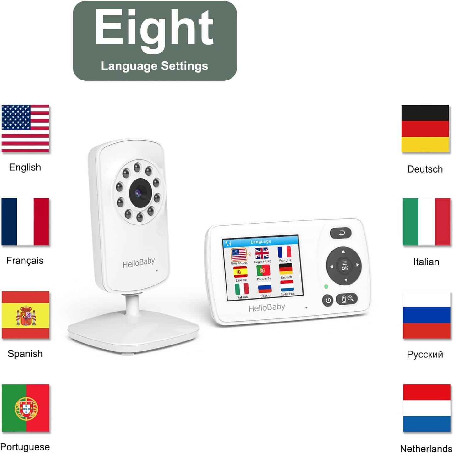 Hellobaby HB30 Video Baby Monitor with Digital Camera and Audio, No WiFi No App Safety Baby Monitor, 8 Languages, Auto Night Vision, 1000ft Transmission Range, 2.4 inch Portable Screen, White