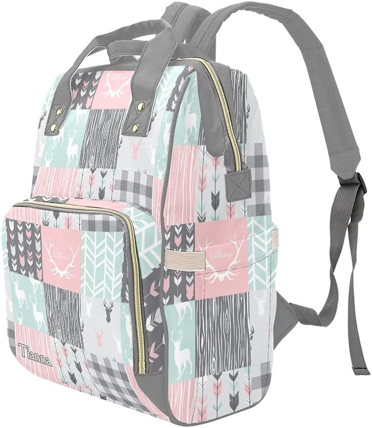 Antlers Deer Elk Feather Arrow Patchwork Diaper Bags with Name Waterproof Mummy Backpack Nappy Nursing Baby Bags Gifts Tote Bag for Women
