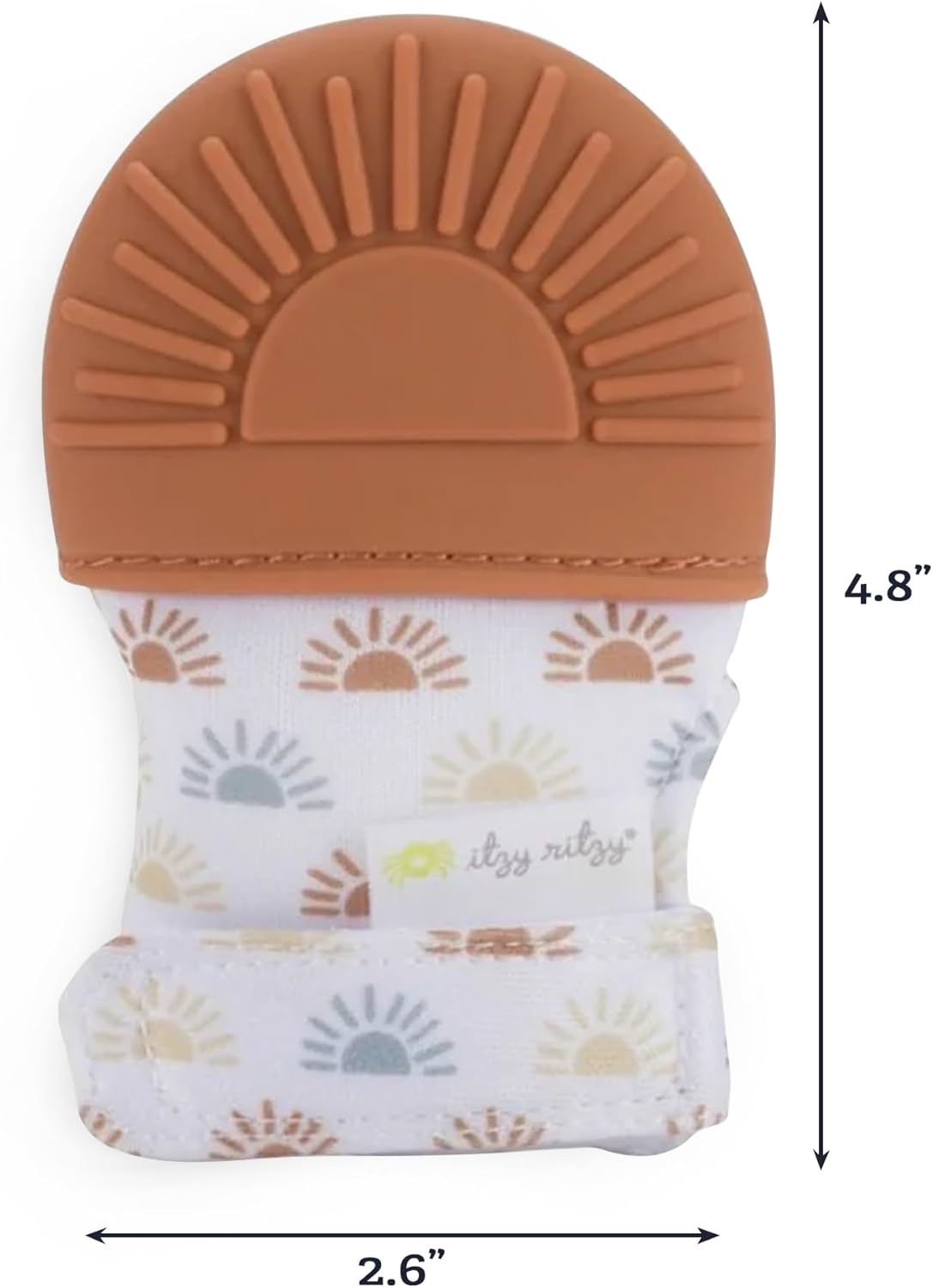 Itzy Ritzy Silicone Teething Mitt - Soothing Infant Teething Mitten with Adjustable Strap, Crinkle Sound & Textured Silicone to Soothe Sore & Swollen Gums - for Ages 3 Months & Up (Terracotta Sun)