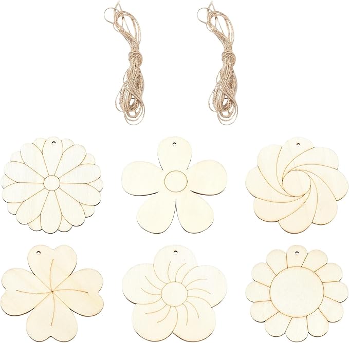 60 pcs 6 Styles Spring Flower Theme Undyed Wood Cutout Charms Sunflower Cherry