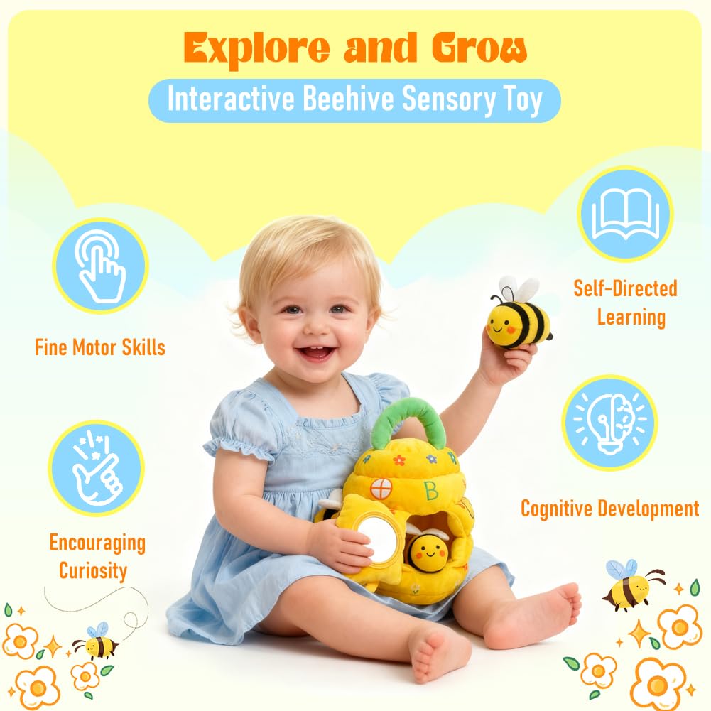 Bee Hive Baby Toys 6-12 Months, Soft Beehive with 5 Stuffed Bees, Crinkle, Rattles, Squeaker, Jingle Bells, Mirror, Montessori Toys Sensory Baby Shower Birthday Christmas Gift