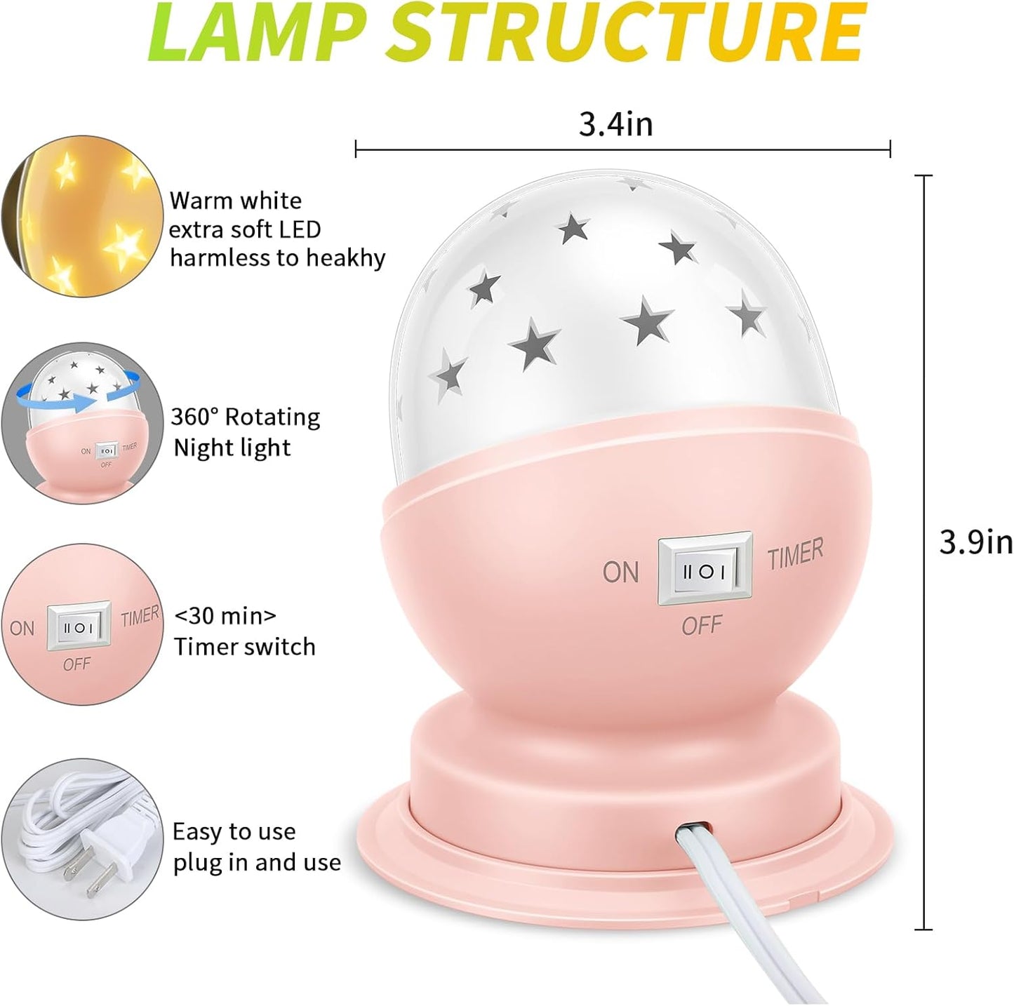 Star Night Light for Kids, 360° Rotating Starry Ceiling Projector for Kid’s Bedroom with Timer, 3000K,Pink,1 Pack