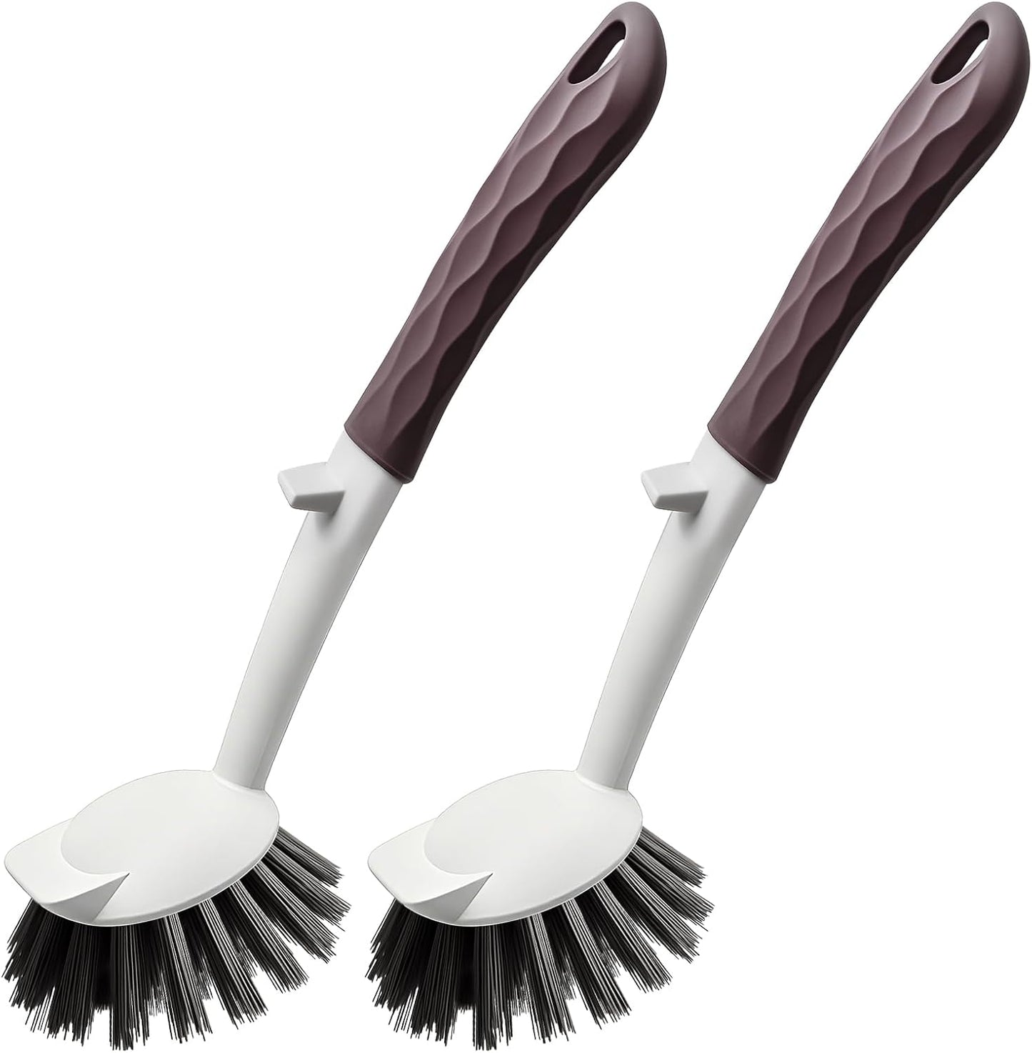 Dish Brush, 2 Pack with Comfortable Handle, with Built-in Scraper, Scrub Brush with Stiff Bristles for Cleaning Dishes, Sink, Pots (Brown)