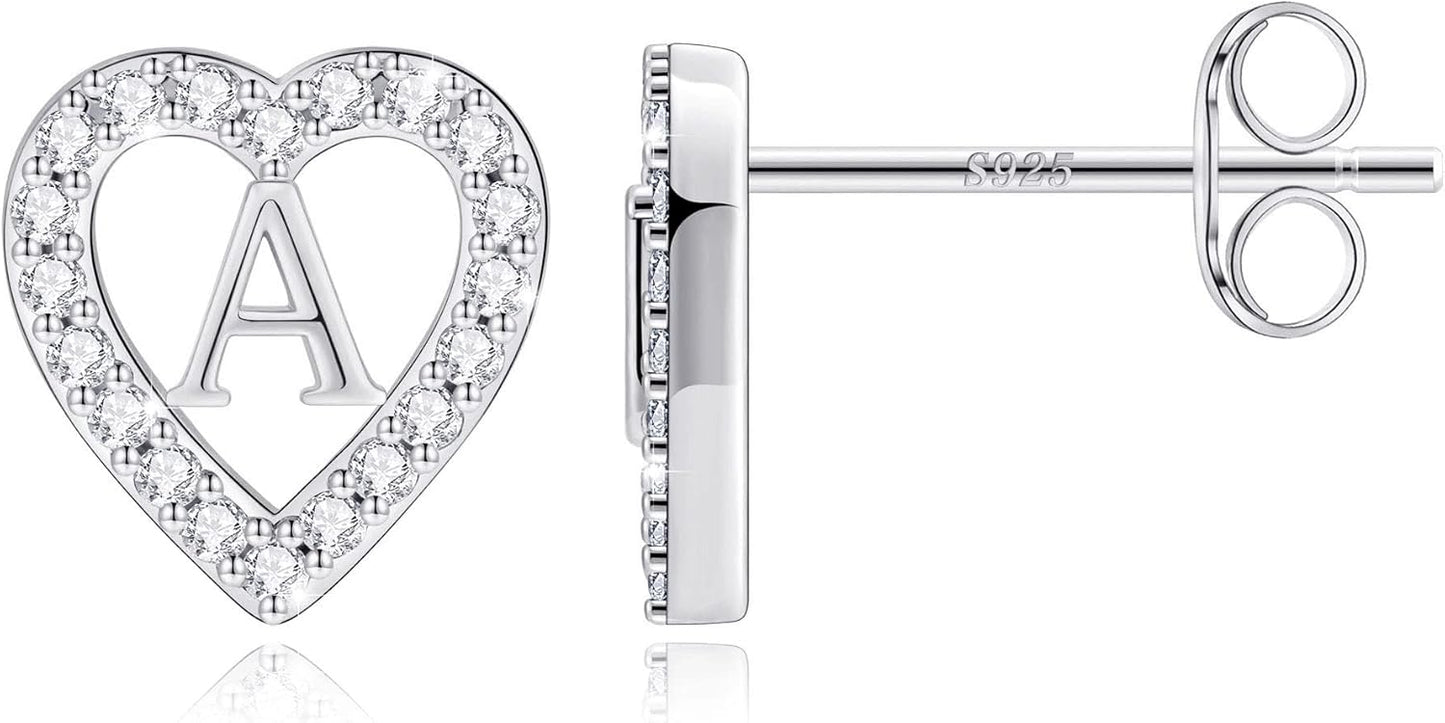 Anoup Christmas Gifts for Grandkids Girls Earrings - S925 Sterling Silver Post CZ Hypoallergenic Stud Heart Initial Earrings for Women Kids Jewelry Stocking Stuffers for Teen Girls Birthday Gifts