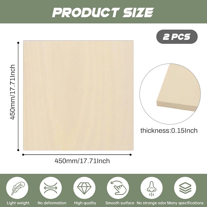 2 Pack Plywood Sheets, 17.1" x 17.1"x 0.15" Basswood Sheets | 4mm Basswood