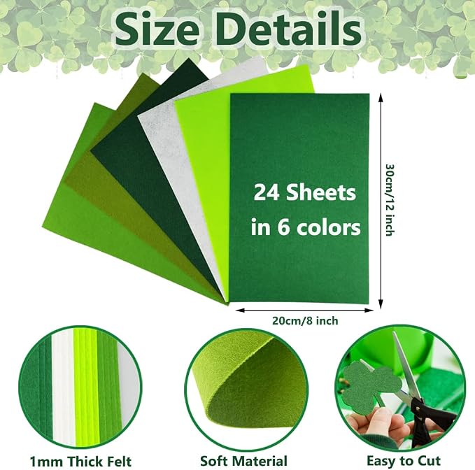24 Pcs Felt Fabric Sheets, 8 Inch X 12 Inch St. Patrick's Day Green Craft Felt