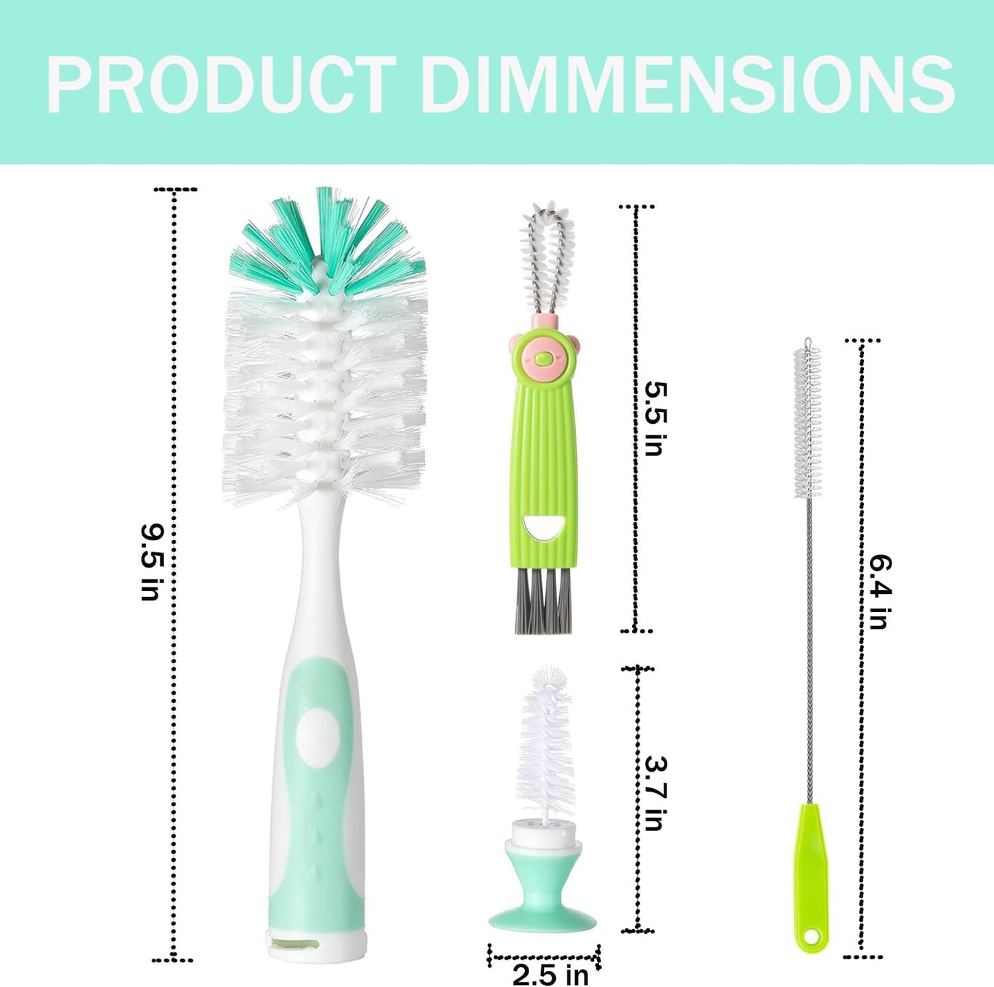 Baby Bottle Brush Set, 2Pcs Nylon Bottle Brush with Stand, 2 Hidden Nipple Brush, 2 Straw Brush, 1 Lid Brush, Bottles Brush Cleaner for Baby Bottle, BPA-Free(Green)