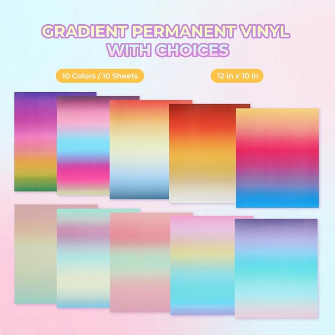 HTVRONT Gradient Permanent Vinyl 10 Sheets 12"x10" Rainbow Adhesive Vinyl |