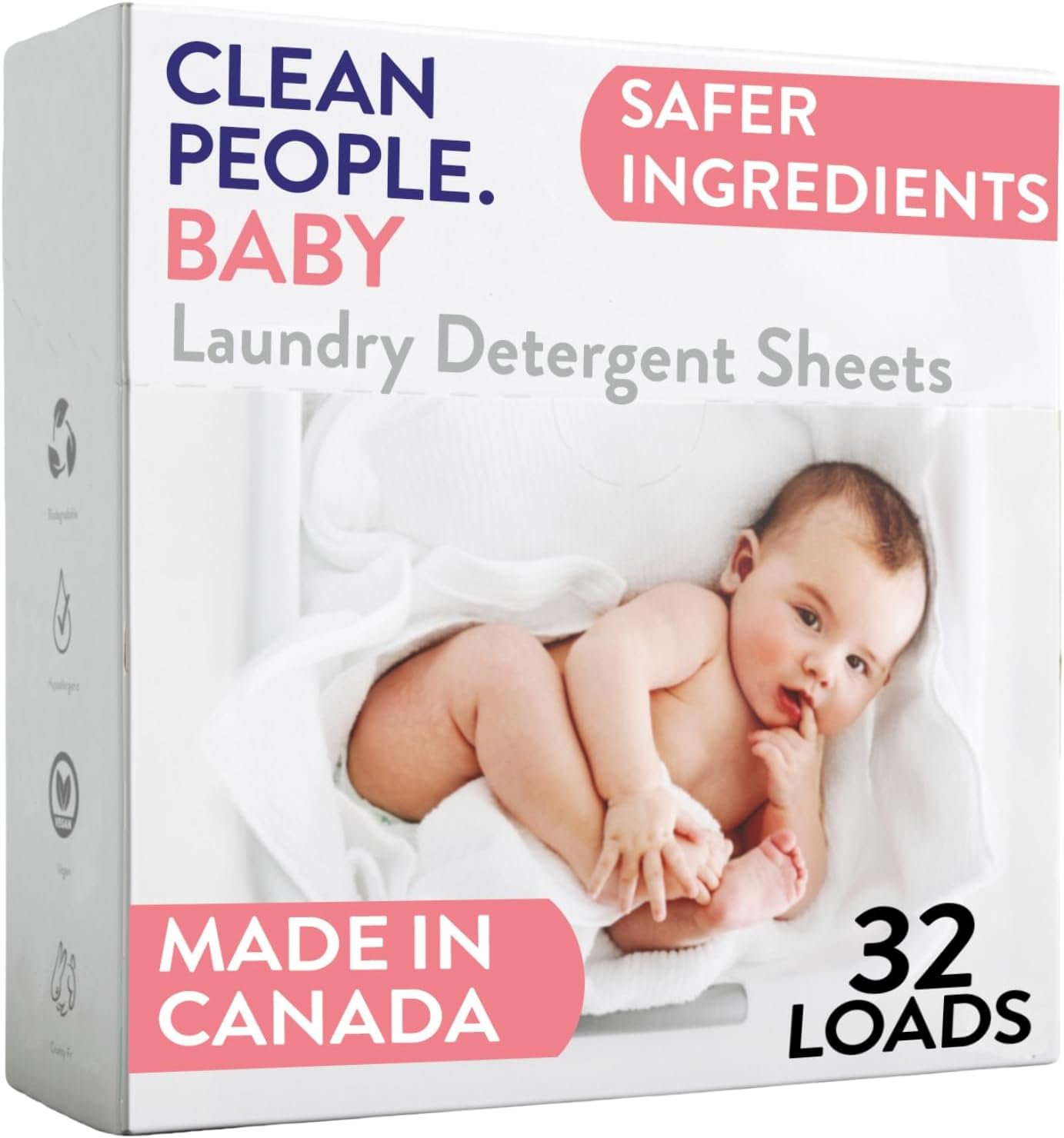 The Clean People Unscented Baby Laundry Detergent Sheets - Hypoallergenic - Ultra Concentrated, Recyclable Packaging, Fights Stains & Odors on Baby Clothes & Bedding - Fragrance Free, 32 Pack