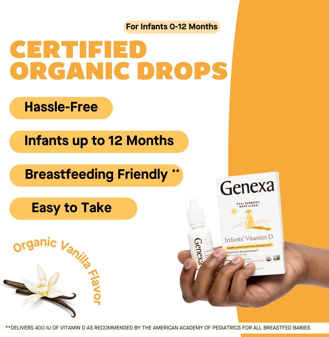 Genexa Infants Vitamin D Liquid Drops for Newborn, Baby & Toddler | Bone Development | Delicious Organic Vanilla Flavor | Certified Organic, Gluten Free, & Non-GMO | 270 Servings (3 Pack)