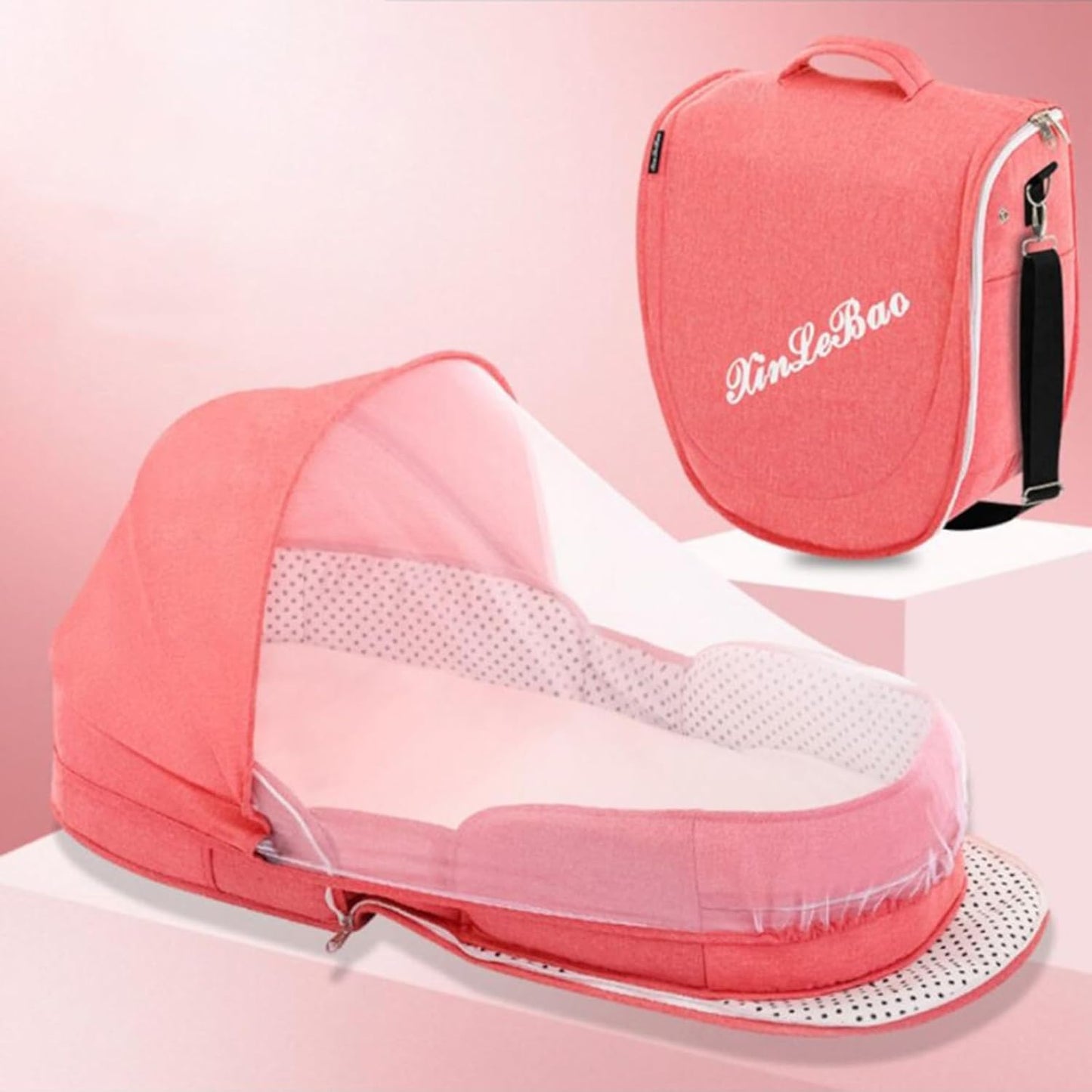 Folding Baby Travel Bassinet Portable Lightweight Travel Crib Baby Bed Co- Sleeper for Baby in Bed with Canopy and Mosquito Net (Pink, with Sunshade)