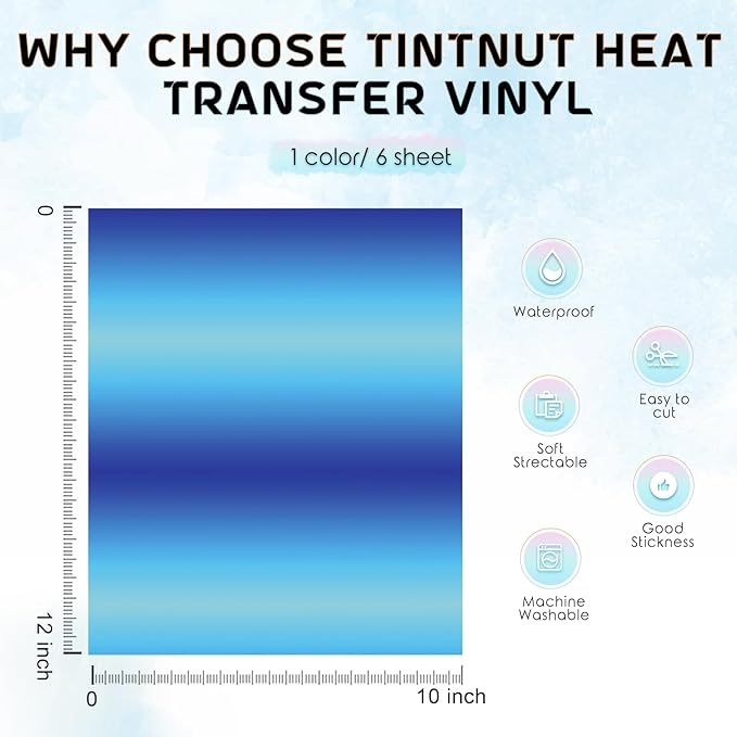 Tintnut Blue Gradient Heat Transfer Vinyl, PU HTV Sheets, easy cut & weed