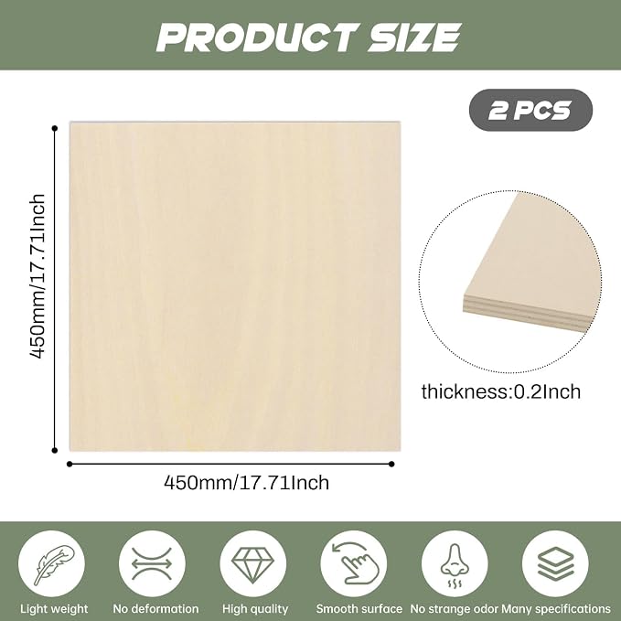 2 Pack Plywood Sheets, 17.1" x 17.1"x 0.2" Basswood Sheets | 5mm Basswood Craft
