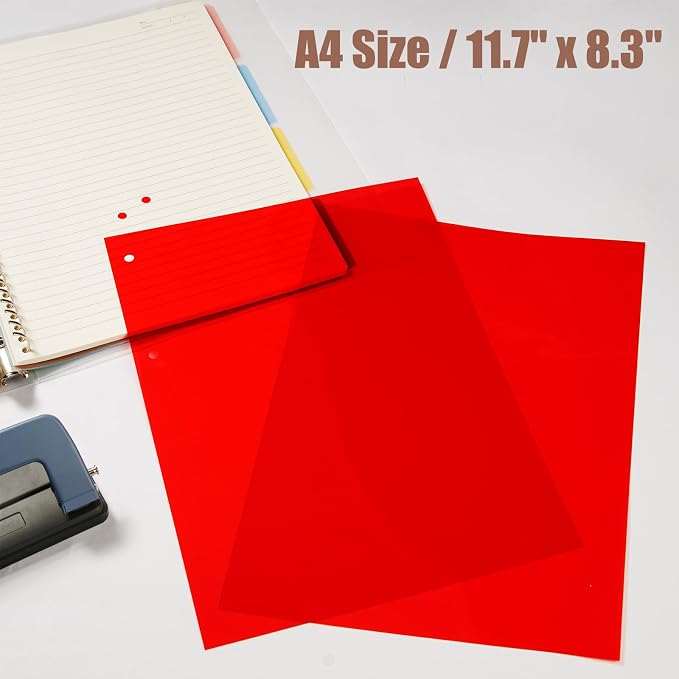 10-Pack A4 Colored PVC Flexible Plastic Sheets, 0.3mm Red Transparent Film