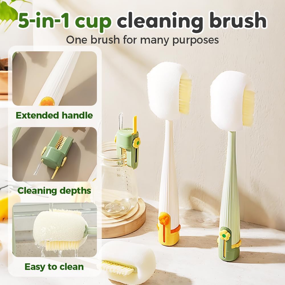 5 in 1 Bottle Cleaning Brush, Multifunctional Water Bottles Cleaner Brushs Portable Bottle and Lid Cleaning Brush Tool, Straw Cleaner Brushs for Baby Bottles Tumblers Glass Cups (1, Green)