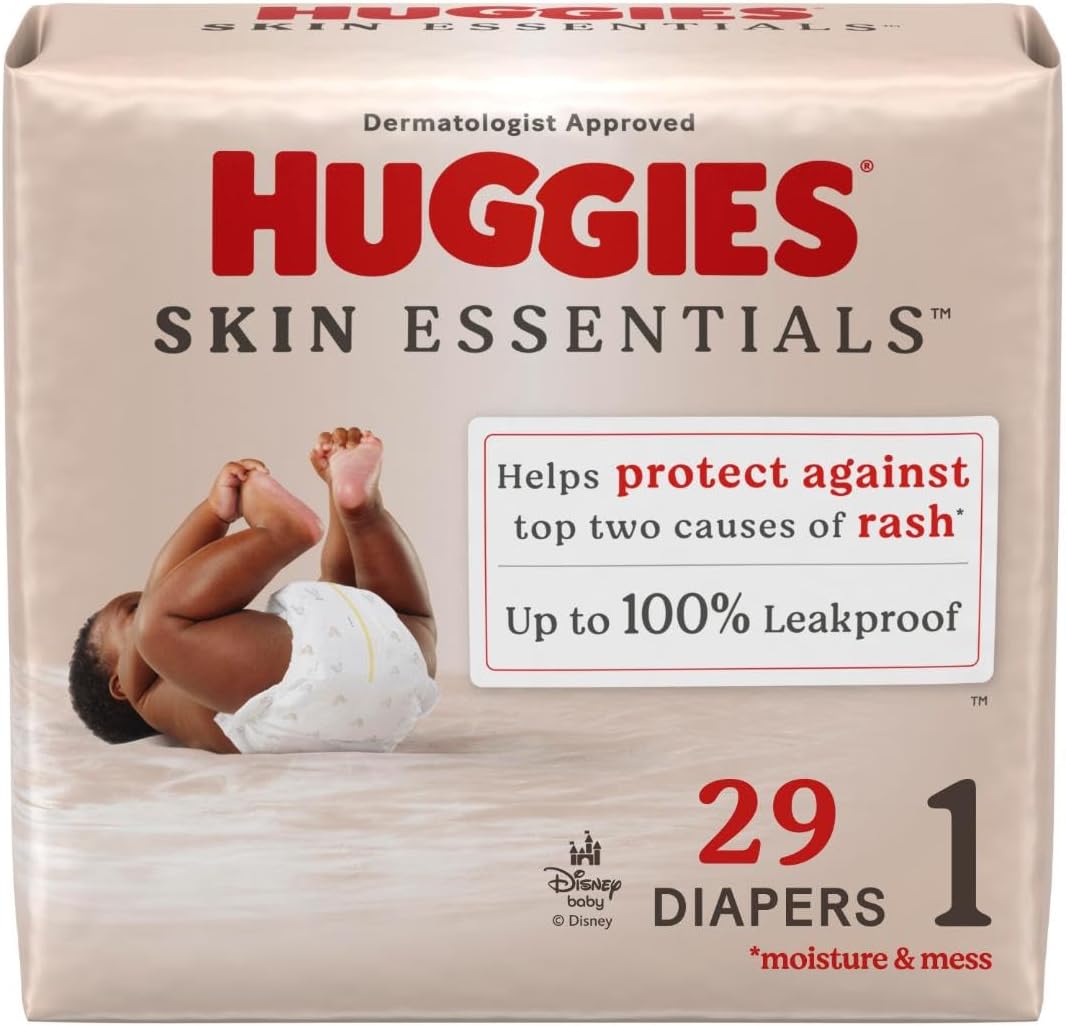 Huggies Size 1 Diapers, Skin Essentials Baby Diapers, Size 1 (8-14 lbs), 29 Count, Packaging May Vary