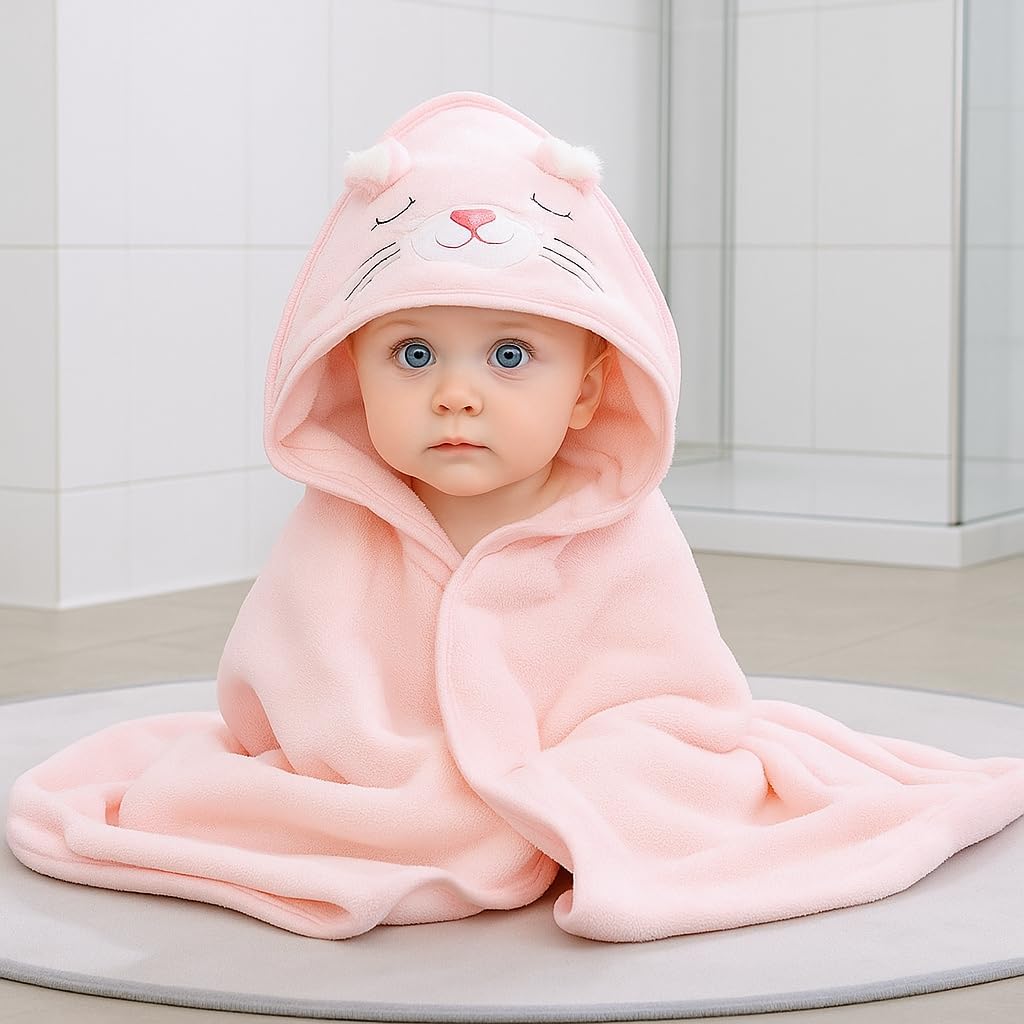 Hooded Baby Bath Towel for Girls – Soft & Absorbent Pink Animal Design | Plush Newborn & Toddler Bath Wrap