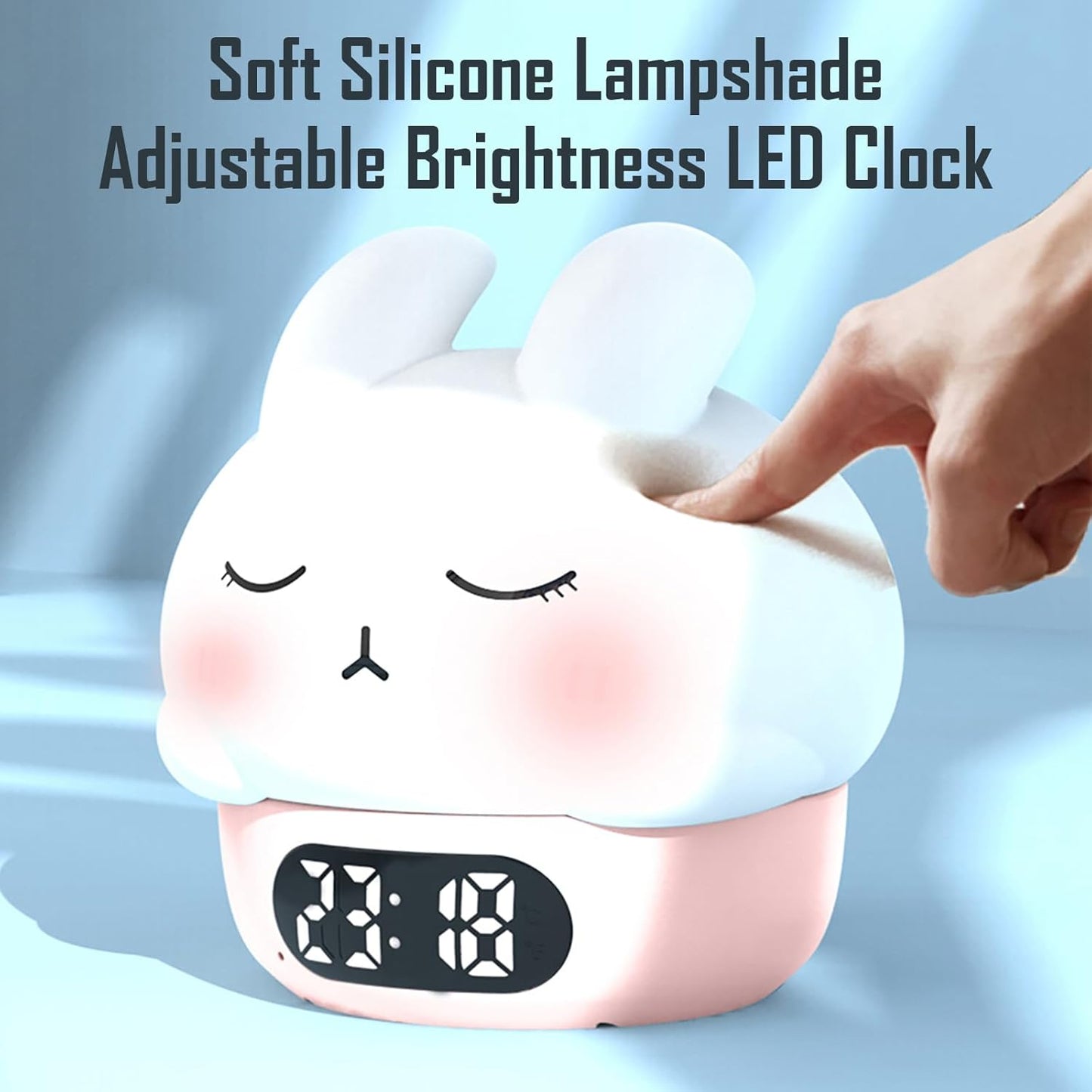 Cute Bunny RGB Rechargeable Night Light, Soft Silicone Lampshade, Adjustable Brightness LED Clock, Date, Alarm, Thermometer, Timer, Tap Control, Bedroom Lamp, Gift for Girl and Kid (Pink Bunny)