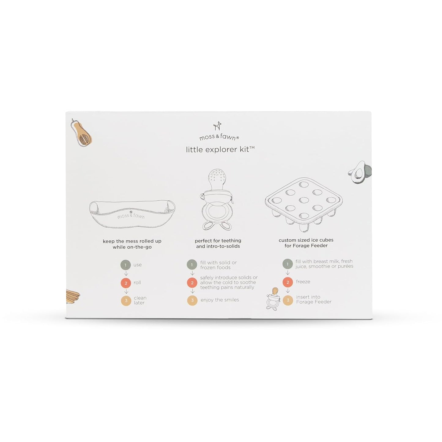 Moss and Fawn Little Explorer Kit - Silicone Frozen Breast Milk Popsicle Kit with Forage Feeder, Teething Popsicle Ice Cube Tray, & Gather & Roll Baby Feeding Bib - BPA, PVC, & Lead-Free - Ecru