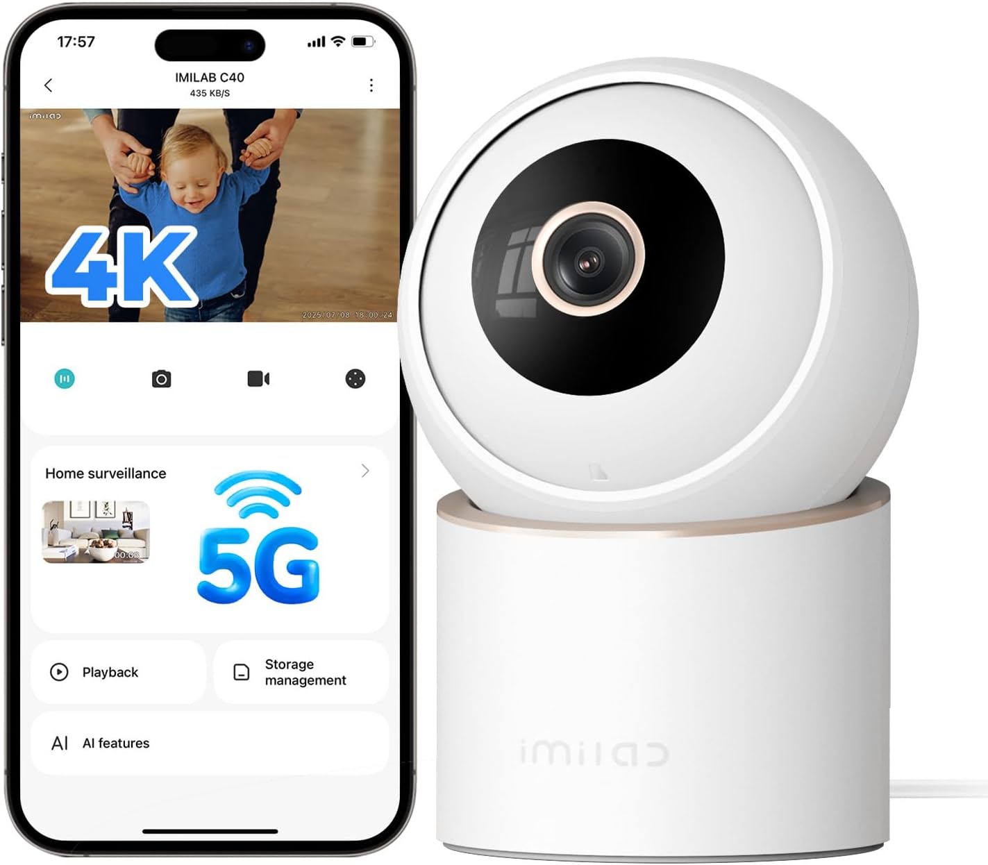 IMILAB C40 4K Indoor Security Camera, Room Camera for Kid/Baby/Pet, 5G WiFi Pan/Tilt Indoor Cam/Person Pet Track, Powerful AI Detection, Color Night Vision, SD/Cloud Storage, Easy Pairing, Plug in.