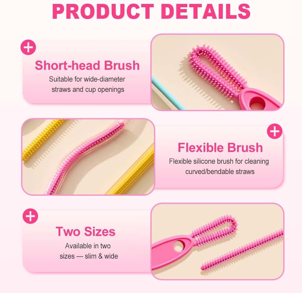 Extra Long Straw Cleaner Brush, Reusable Soft Silicone Cleaning Brush for Tumbler Lid Crevices, Glass Metal Smoothie Straws with Non Slip Handle (Pin + Yellow + Blue)