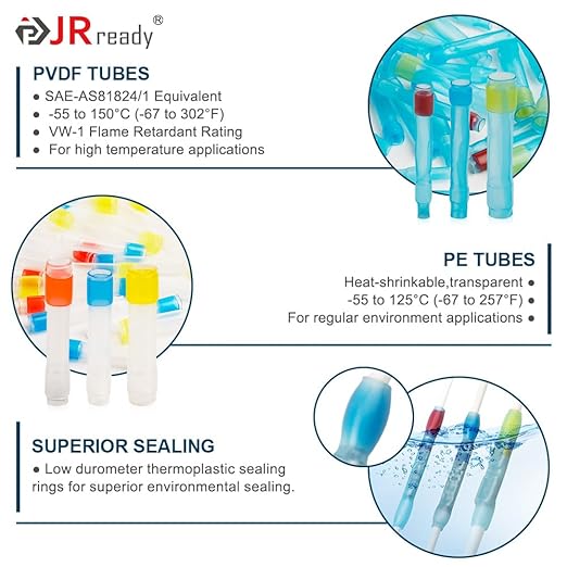JRready ST6385-12-50 M81824/1 Series Waterproof Heat-Shrinkable Splice Yellow Butt Splice Connectors 16-12 AWG (M81824/1-3), Wire-to-Wire Splicing with Alternative Temp. PVDF/PE Tubes 50Sets