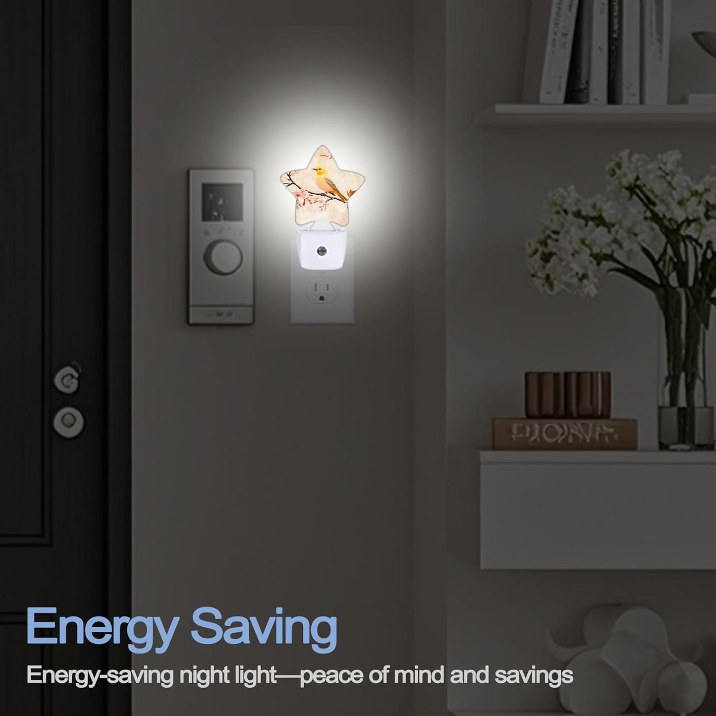 Bird Vintage Nightlight,Pink Cherry Blossoms Star Night Lights Plug into Wall Decorations for Bedroom Bathroom,Dusk to Dawn Sensor Kitchen Hallway Stairs Energy Efficient Desk Lamp