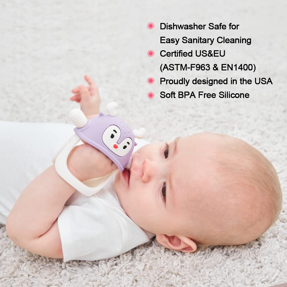 Smily Mia Never Drop Reindeer Silicone Baby Chewing Toy for 3M+ Infants, Easy to Hold Teething Miteen with Soft Textures for Sensory Exploration and Teething Pain Relief-Purple