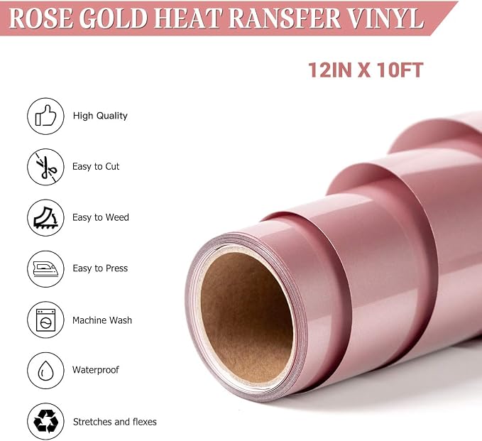 HTVRONT Rose Gold Heat Transfer Vinyl, 12in x 10ft | Rose Gold HTV Vinyl Roll