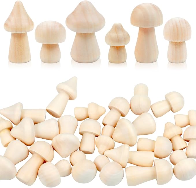36 Pieces Unfinished Wooden Mushrooms 6 Size Natural Plain Unpainted Wooden