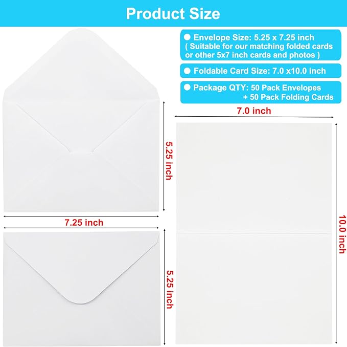 Blank Cards and Envelopes 5x7 inches, 50 Pack White Blank Note Cards Greeting